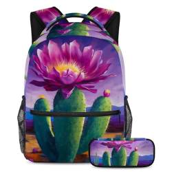 Rucksack mit Federmäppchen, große Kapazität, Büchertasche für Studenten, lila Kaktusblumen, mehrfarbig, B：29.4x20x40cm P：19x7.5x3.8cm, Tagesrucksäcke von Generisch
