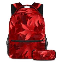 Rucksack mit Federmäppchen, großes Fassungsvermögen, Schulranzen-Set für Jungen, Mädchen, Teenager, rotes Blattmuster, mehrfarbig, B：29.4x20x40cm P：19x7.5x3.8cm, Tagesrucksäcke von Generisch