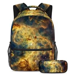 Rucksack mit Federmäppchen, praktisches 2-teiliges Schultaschen-Set für Jungen, Mädchen, Teenager, gelbe Galaxie, mehrfarbig, B：29.4x20x40cm P：19x7.5x3.8cm, Tagesrucksack von Generisch