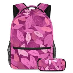 Rucksack mit Federmäppchen-Kombination, steigern Sie Ihre Schulgirlande mit diesem stilvollen Set für Jungen und Mädchen, rosa Blättermuster, mehrfarbig, B：29.4x20x40cm P：19x7.5x3.8cm, Tagesrucksäcke von Generisch