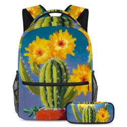 Rucksack mit Federmäppchen-Set, langlebige und geräumige Büchertasche für Studenten, Jugendliche und Erwachsene, gelbe Kaktusblumen, mehrfarbig, B：29.4x20x40cm P：19x7.5x3.8cm, Tagesrucksäcke von Generisch