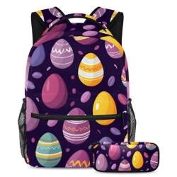 Rüsten Sie Ihre Schulutensilien auf, Rucksack mit Federmäppchen, das perfekte Büchertaschen-Set für Schüler, Ostereier lila, mehrfarbig, B：29.4x20x40cm P：19x7.5x3.8cm, Tagesrucksäcke von Generisch