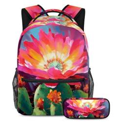 Rüsten Sie Ihre Schulutensilien auf, Rucksack mit Federmäppchen, das perfekte Büchertaschen-Set für Schüler, rosa Kaktusblumen, mehrfarbig, B：29.4x20x40cm P：19x7.5x3.8cm, Tagesrucksäcke von Generisch
