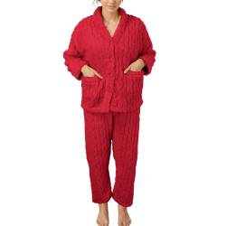 Schlafen Damen für Damen, warme, Flauschige Langarm-Nachtwäsche, Plüsch-Loungewear, Thermo-Nachtwäsche mit Taschen Nachthemd Damen Langarm Kurz (Red, M) von Generisch