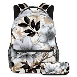 Schöne Blumen reisen stilvoll mit diesem Rucksack und Federmäppchen, perfekte Büchertasche für Studenten, Mehrfarbig Nr. 04, B：29.4x20x40cm P：19x7.5x3.8cm, Tagesrucksäcke von Generisch