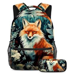 Schöner Fuchs Reisen mit Stil mit diesem Rucksack und Federmäppchen, perfekte Büchertasche für Studenten, Mehrfarbig Nr. 07, B：29.4x20x40cm P：19x7.5x3.8cm, Tagesrucksäcke von Generisch