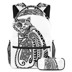 Schwarze und weiße Katzen-Mode trifft Funktion, 2-teiliges Kinder-Schulranzen-Set mit Rucksack und Federmäppchen, große Kapazität, Reisetasche, Büchertasche für Jungen, Mädchen und Teenager, von Generisch