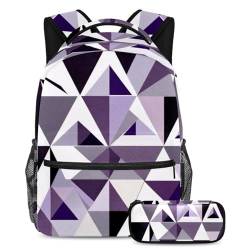 Set für die Schule, 2-teiliges Kinder-Schultaschen-Set, Rucksack und Federmäppchen für Jungen, Mädchen und Teenager, Lila, abstrakt, geometrisch, mehrfarbig, B：29.4x20x40cm P：19x7.5x3.8cm, von Generisch