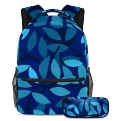 Set für die Schule, 2-teiliges Kinder-Schultaschen-Set, Rucksack und Federmäppchen für Jungen, Mädchen und Teenager, blaues Blattmuster, mehrfarbig, B：29.4x20x40cm P：19x7.5x3.8cm, Tagesrucksäcke von Generisch