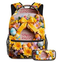 Setzen Sie ein Statement mit unserer Kombination aus Rucksack und Federmäppchen, perfekt für Kinder und Jugendliche, gelber Osterkranz, mehrfarbig, B：29.4x20x40cm P：19x7.5x3.8cm, Tagesrucksäcke von Generisch