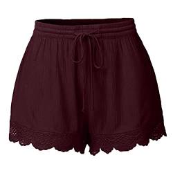 Shorts Damen Sommer Lässige Kurze Hose High Waist Kordelzug Elastische Taille Baggy Kurze Hosen Spitzen Baumwolle Bequeme Shorts Freizeit Strand Stoffhose Meine Bestellungen Anzeigen Wein 5XL von Generisch