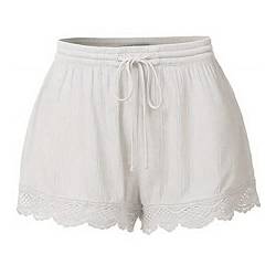 Shorts Damen Sommer Lässige Kurze Hose High Waist Kordelzug Elastische Taille Baggy Shorts Spitzenrand Baumwolle Kurze Hosen Bequeme Freizeit Strand Stoffhose Warehouse Deals Angebote Weiß M von Generisch