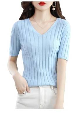 Sommer Damen V-Ausschnitt Pullover Lose Strick Einfarbig Top Casual Halbarm T-Shirt, hellblau, X-Large von Generisch