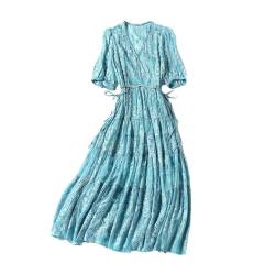 Sommerkleid Seidenkleid Damen Lang Gürtel Partykleid, hellblau, Medium von Generisch