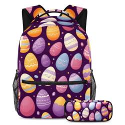 Stil trifft Funktion, Rucksack mit Federmäppchen, das ideale 2-teilige Schultaschen-Set für Kinder, Jungen, Mädchen, Teenager, Ostereier, Lila, mehrfarbig, B：29.4x20x40cm P：19x7.5x3.8cm, von Generisch