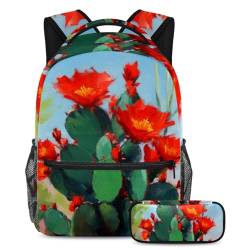 Stilvoller Rucksack mit Federmäppchen, 2-teiliges Set, perfekter Reisebegleiter für Studenten, rote Kaktusblumen, mehrfarbig, B：29.4x20x40cm P：19x7.5x3.8cm, Tagesrucksäcke von Generisch