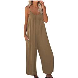 Strampler für Damen, V-Ausschnitt, ärmellos, weites Bein, lange Hose, Overall, Sommer, lockere Passform, plissiert, langer Overall, Latzhose, Übergröße, 02#Khaki, 48 von Generisch