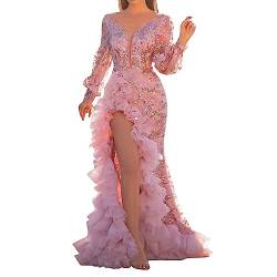 Swing Kleider Damen Sexy Mesh Schleppe Pailletten Split Rosa Abendkleid Wickelkleid Samt (Pink, L) von Generisch