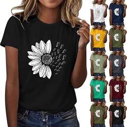 T-Shirt Damen Sommer Oberteile Gänseblümchen Grafik Druck Bluse Kurzarm Rundhals T-Shirt Locker Alltag Top Sport T-Shirts Teenager Mädchen Kleidung Y2K Sommerkleidung Damen Weiß S von Generisch