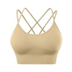 T Shirt Spitze Sport-BHS mit überkreuztem Rücken für Damen, gepolsterte Riemchen-Criss-Crop-BHS für Yoga, Workout, Fitness, Low-Impact-BHS Sexy Unterwäsche Für Damen (1-Beige, L) von Generisch