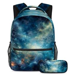 Tragen Sie Ihre wichtigen Dinge stilvoll mit dieser Kombination aus Rucksack und Federmäppchen, perfekt für Jungen, Mädchen und Jugendliche, blaue Galaxie, mehrfarbig, B：29.4x20x40cm P：19x7.5x3.8cm, von Generisch