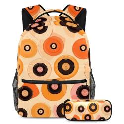 Trendiges 2-teiliges Schultaschen-Set, stilvoller Rucksack mit Federmäppchen für Jungen, Mädchen und Teenager, orangefarbenes Schallplattenmuster, mehrfarbig, B：29.4x20x40cm P：19x7.5x3.8cm, von Generisch