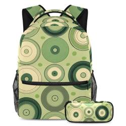 Trendiges Schultaschen-Set für Kinder, für Jungen, Mädchen, Teenager, perfekte Reise-Büchertasche mit Federmäppchen, grünes Schallplatten-Muster, 2-teilig, mehrfarbig, B：29.4x20x40cm P：19x7.5x3.8cm, von Generisch