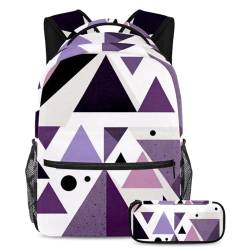 Trendiges Schultaschen-Set für Kinder, für Jungen, Mädchen, Teenager, perfekte Reise-Büchertasche mit Federmäppchen, lila, abstrakt, geometrisch, 2-teilig, mehrfarbig, B：29.4x20x40cm P：19x7.5x3.8cm, von Generisch