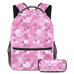 Ultimate Travel Book Bag for Students, Stylish Backpack with Pencil Case Included, Pink Triangle Geometric, mehrfarbig, B：29.4x20x40cm P：19x7.5x3.8cm, Tagesrucksäcke von Generisch