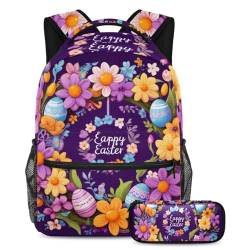 Ultimate Travel Book Bag for Students, Stylish Backpack with Pencil Case Included, Purple Happy Easter Wreath, mehrfarbig, B：29.4x20x40cm P：19x7.5x3.8cm, Tagesrucksäcke von Generisch