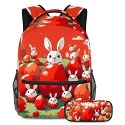 Ultimativer Schulstil, Rucksack mit Federmäppchen, das perfekte Set für Jungen, Mädchen und Teenager, rotes Osterhasenei, mehrfarbig, B：29.4x20x40cm P：19x7.5x3.8cm, Tagesrucksäcke von Generisch