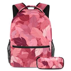 Unleash Their Style, 2-teiliges Kinder-Schulranzen-Set mit trendigem Rucksack und passendem Federmäppchen, rosa Blättermuster, mehrfarbig, B：29.4x20x40cm P：19x7.5x3.8cm, Tagesrucksäcke von Generisch