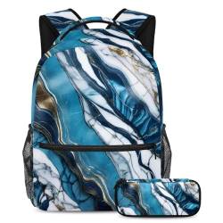 Unleash Your Style, Schulranzen-Set für Jungen, Mädchen und Teenager, trendige Reisetasche, blaue Marmor-Textur, 2-teilig, mehrfarbig, B：29.4x20x40cm P：19x7.5x3.8cm, Tagesrucksäcke von Generisch
