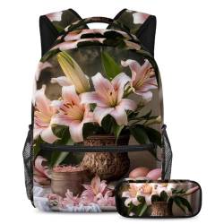 Unleash Your Style, Schulranzen-Set für Jungen, Mädchen und Teenager, trendige Reisetasche, rosa Osterlilien, Eier, mehrfarbig, B：29.4x20x40cm P：19x7.5x3.8cm, Tagesrucksäcke von Generisch