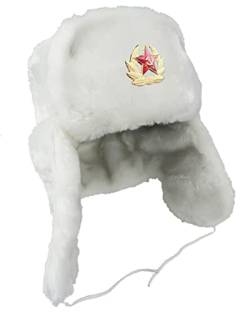 Ushanka Russische Fellmütze Tschapka Wintermütze mit Ohrenklappen Uschanka Unisex mit Stern Abzeichen (as3, Numeric, Numeric_60, Weiß) von Generisch