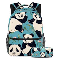 Verschönern Sie Ihre Schulreise, Rucksack mit Federmäppchen, ein Muss für Jungen, Mädchen, Teenager, niedlicher Panda auf Blau, mehrfarbig, B：29.4x20x40cm P：19x7.5x3.8cm, Tagesrucksäcke von Generisch