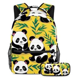 Vielseitig und praktisch, 2-teiliges Schulranzen-Set mit Rucksack und Federmäppchen für Jungen, Mädchen und Teenager, niedlicher Panda auf Gelb, mehrfarbig, B：29.4x20x40cm P：19x7.5x3.8cm, von Generisch