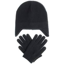 Warme Unisex Beanie Mütze mit Ohrenklappen und passenden Handschuhen Set Weiche Einfache Wintermütze, Einheitsgröße, Baumwolle, Kein Edelstein von Generisch