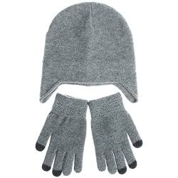 Warme Unisex einfache weiche Kappe mit Ohrenklappen Beanie Winterhandschuhe und Mütze Set, Einheitsgröße, Kunstwollgarn, Ohne Edelstein von Generisch