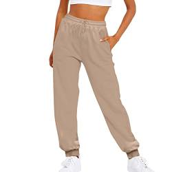 Weiße Hose Damen 46 Damen einfarbig Kordelzug elastische Taille lässige lockere Fußfleece-Jogginghose Outfits Damen Hose Pulli (Beige, L) von Generisch
