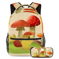 Wild Mushrooms Adventure-Ready Essentials, Kinder-Schultaschen-Set mit großem Rucksack und Federmäppchen für Jungen, Mädchen, Teenager, 2-teilig, Mehrfarbig Nr. 04, B：29.4x20x40cm P：19x7.5x3.8cm, von Generisch