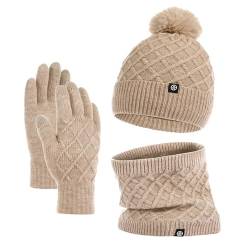 Winter Beanie Hut Schal Handschuhe Set,Ultraweiche Elastische Verdickung Vlies Innenfutter Strick Beanie Cap Neck Warme Strickmützen Alpensattel Handschuhe MüTze MäNner Halstuch Herren Baumwolle von Generisch