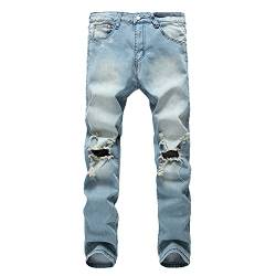 Zerrissene Slim Fit Jeans FüR Herren Im Used-Look Ausgefranste Jeanshose Mit Stretch-Zerrissene Jeans In ÜBergrößE Biker-Jeans (30,Hellblau 1) von Generisch
