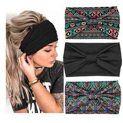 Generse Boho Stirnbänder Elastisches Breites Haarband Knotted Yoga Schweißband Turban Vintage Kopftücher für Frauen und Mädchen 3er Pack (Schwarz) von Generse