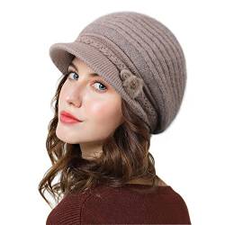 Genfien Barette für Damen Brim Cap Newsboy Cap für Damen Baskenmütze Dickes Fleece Gefüttert Retro-lässige Häkelmode Gestrickte Strickmütze Leichte Winter One Size，Khaki von Genfien