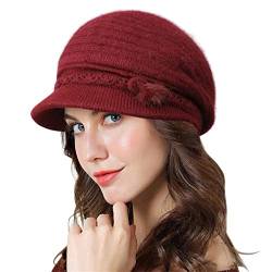 Genfien Barette für Damen Brim Cap Newsboy Cap für Damen Baskenmütze Dickes Fleece Gefüttert Retro-lässige Häkelmode Gestrickte Strickmütze Leichte Winter One Size，Rotwein von Genfien