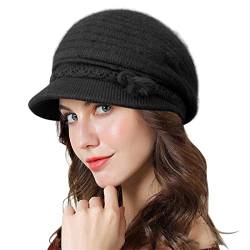 Genfien Barette für Damen Brim Cap Newsboy Cap für Damen Baskenmütze Dickes Fleece Gefüttert Retro-lässige Häkelmode Gestrickte Strickmütze Leichte Winter One Size，Schwarz von Genfien