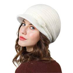 Genfien Barette für Damen Brim Cap Newsboy Cap für Damen Baskenmütze Dickes Fleece Gefüttert Retro-lässige Häkelmode Gestrickte Strickmütze Leichte Winter One Size，Weiß von Genfien