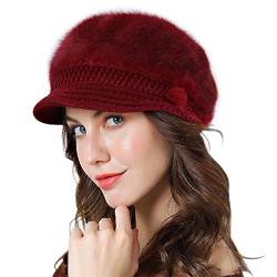 Genfien Brim Cap Newsboy Cap for Ladies Thick Fleece Gefüttert Winter Gestrickte Baskenmütze Vintage Häkeln Schirmmütze Leicht Winter, rot, Einheitsgröße von Genfien