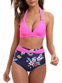 Genfien Damen Bikini Bademode Badeanzug V Ausschnitt Zweiteiliger Bikini Set Push Up Badeanzüge High Waist Swimsuit von Genfien